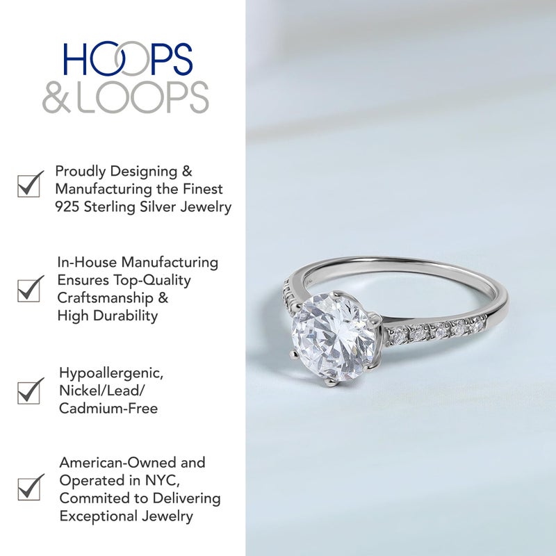 Hoops & Loops 925 Sterling Silver Round-Cut 3.00 Carat Cubic Zirconia 6-Prong-Set Solitaire Engagement Bridal Wedding Band Ring, Size 8 - Image 3